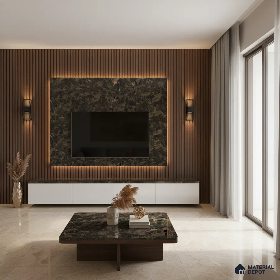 Modern living room with white marble laminate TV wall, wooden louver panel, and beige floor tiles in Bengaluru