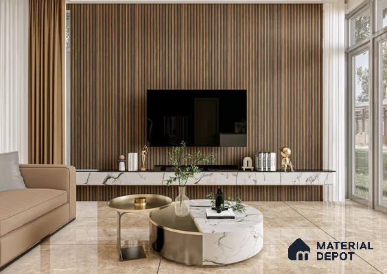 Modern Living Room with Dark Walnut Louvers and Marble TV Console | Material Depot