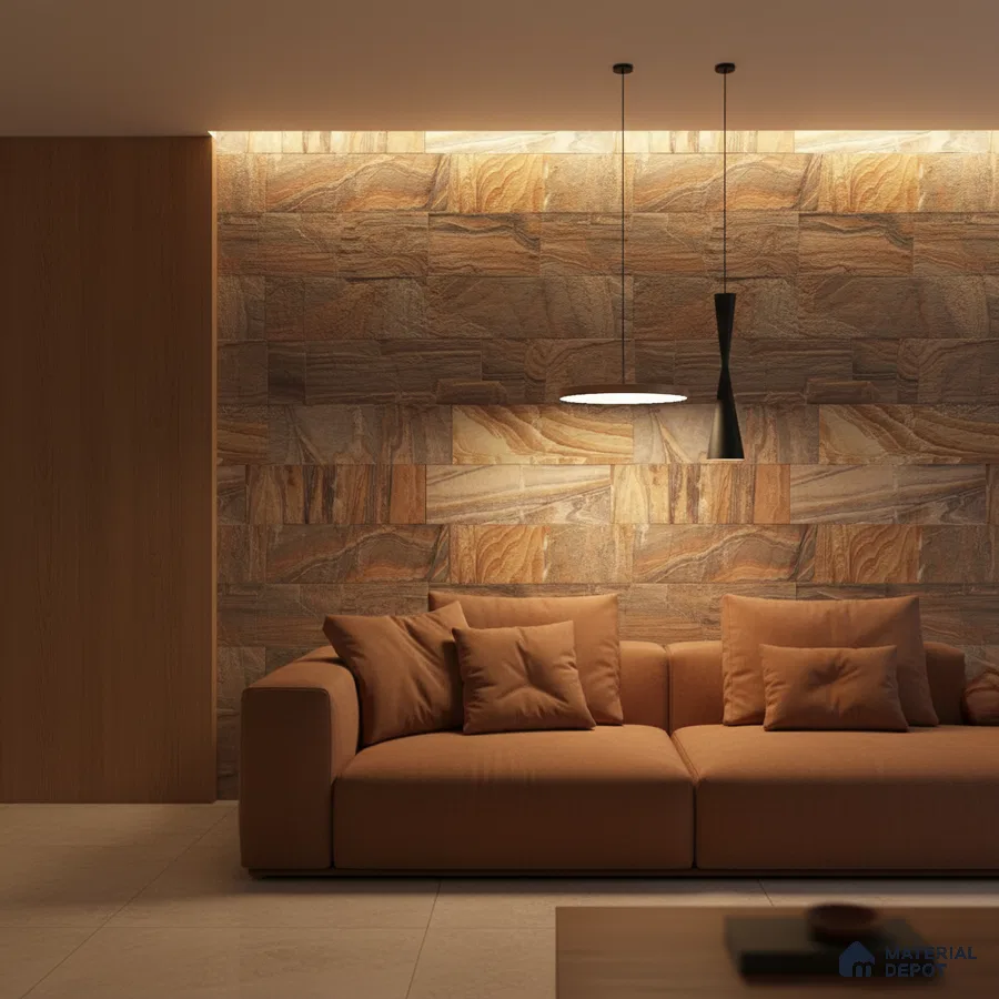 Modern living room with earthy stone cladding accent wall and beige floor tiles in Bengaluru