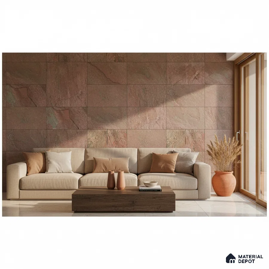 Modern living room with earthy stone cladding accent wall and beige sofa in Bengaluru