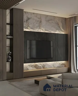 Modern Living Room with Elegant Stone and Black Marble TV Wall | Material Depot