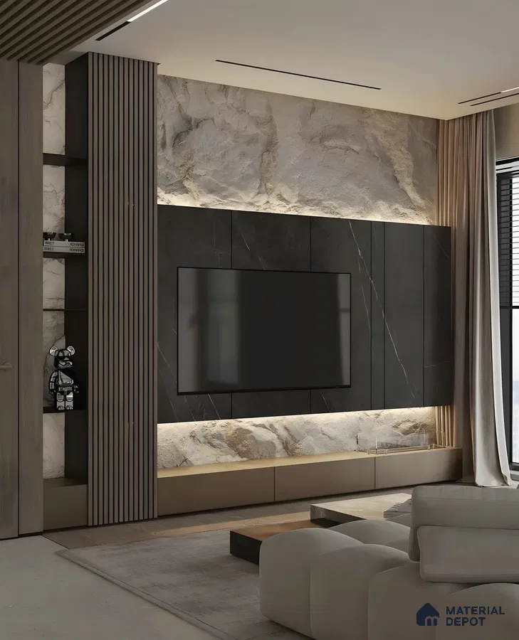 Modern Living Room with Elegant Stone and Black Marble TV Wall | Material Depot