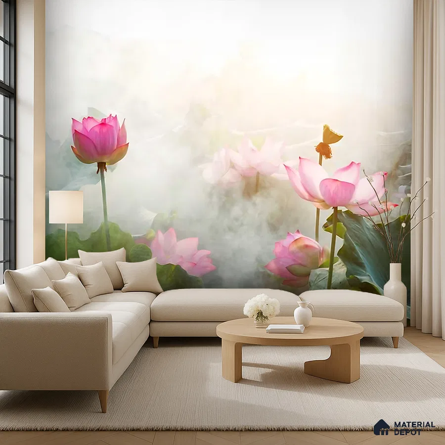Modern living room with floral lotus wallpaper and beige fabric sofa in Bengaluru