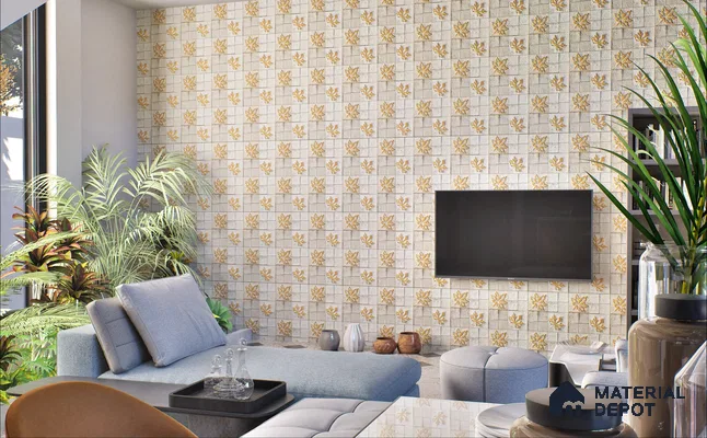 Modern Living Room with Floral Mosaic Accent Stone Wall Cladding | Material Depot