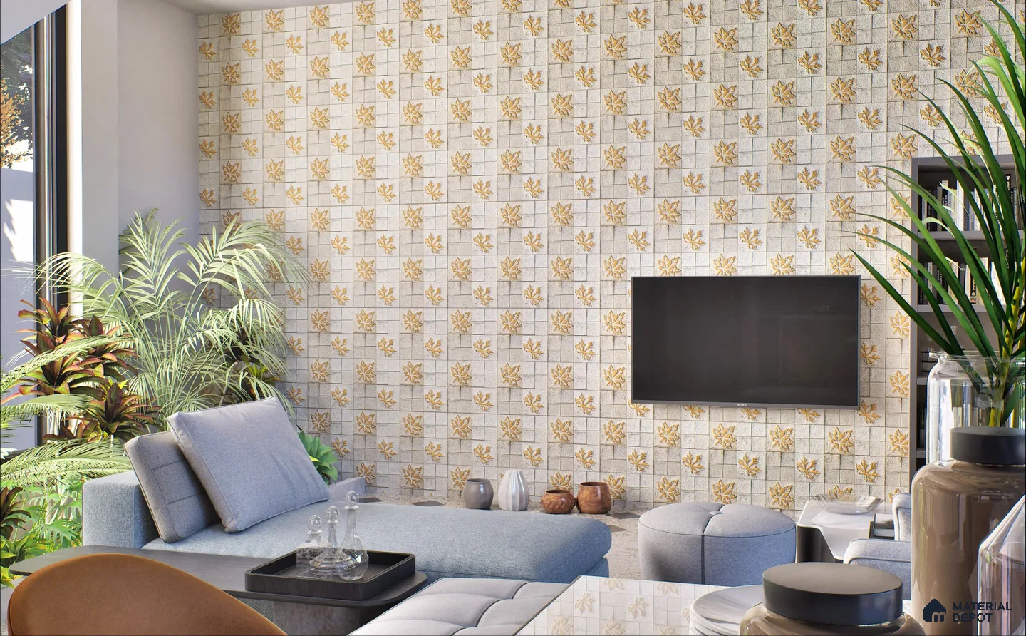 Modern Living Room with Floral Mosaic Accent Stone Wall Cladding | Material Depot
