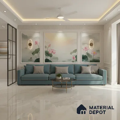 Modern living room with floral mural wallpaper and glossy white marble floor tiles in Bengaluru