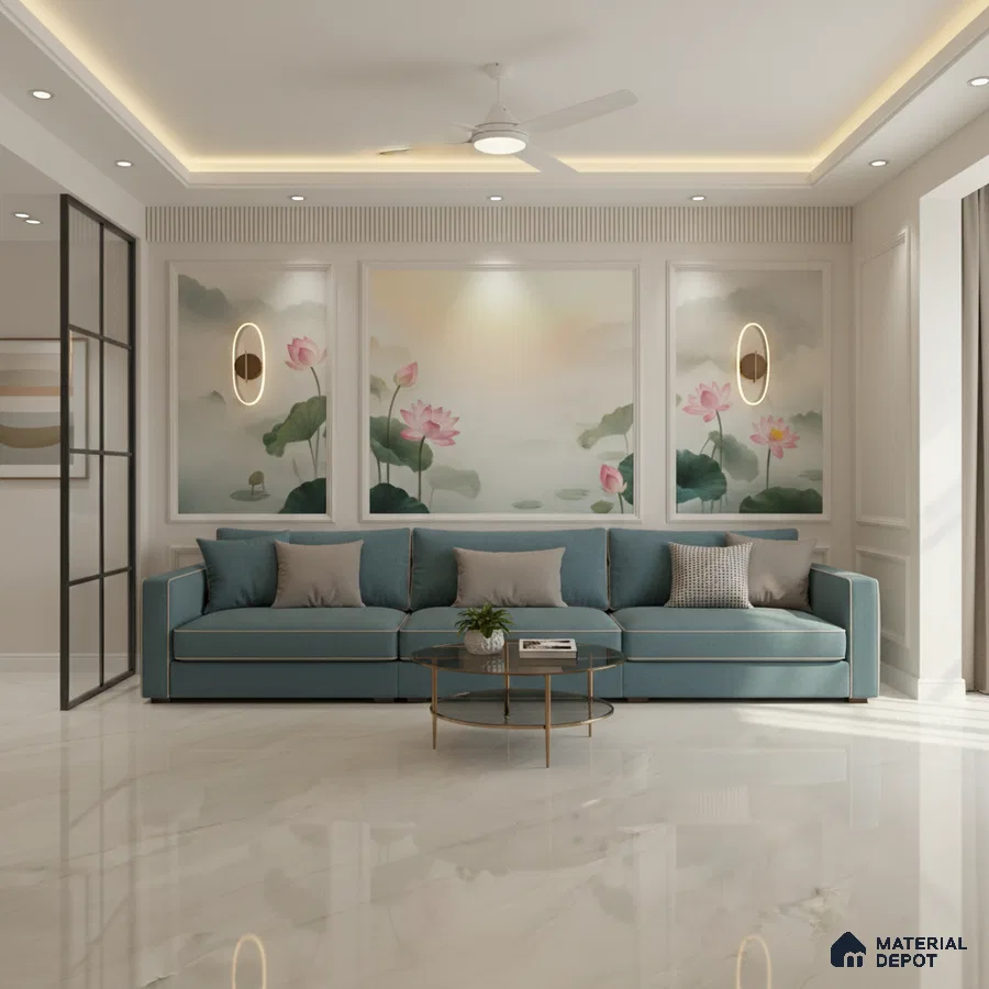 Modern living room with floral mural wallpaper and glossy white marble floor tiles in Bengaluru