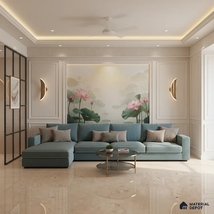 Modern living room with floral mural wallpaper, blue sectional sofa, and polished beige marble floor tile in Bengaluru