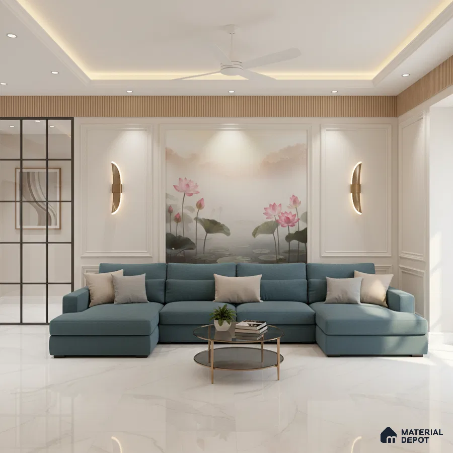 Modern living room with floral mural wallpaper, teal fabric sectional, and white marble floor tiles in Bengaluru