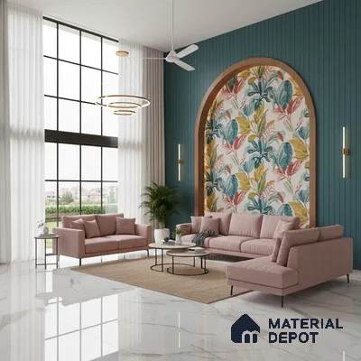 Modern living room with floral wallpaper accent, teal fluted wall panels, and white marble floor tiles in Bengaluru