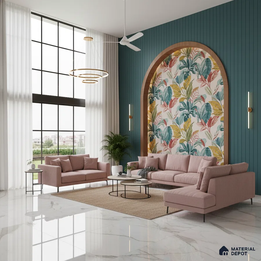 Modern living room with floral wallpaper accent, teal fluted wall panels, and white marble floor tiles in Bengaluru