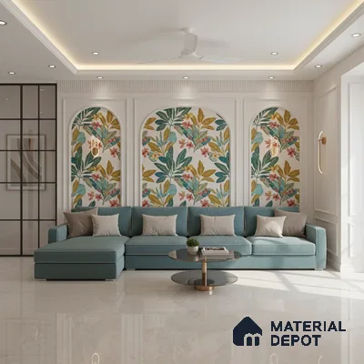 Modern living room with floral wallpaper accent, teal sofa, and glossy marble floor tile in Bengaluru