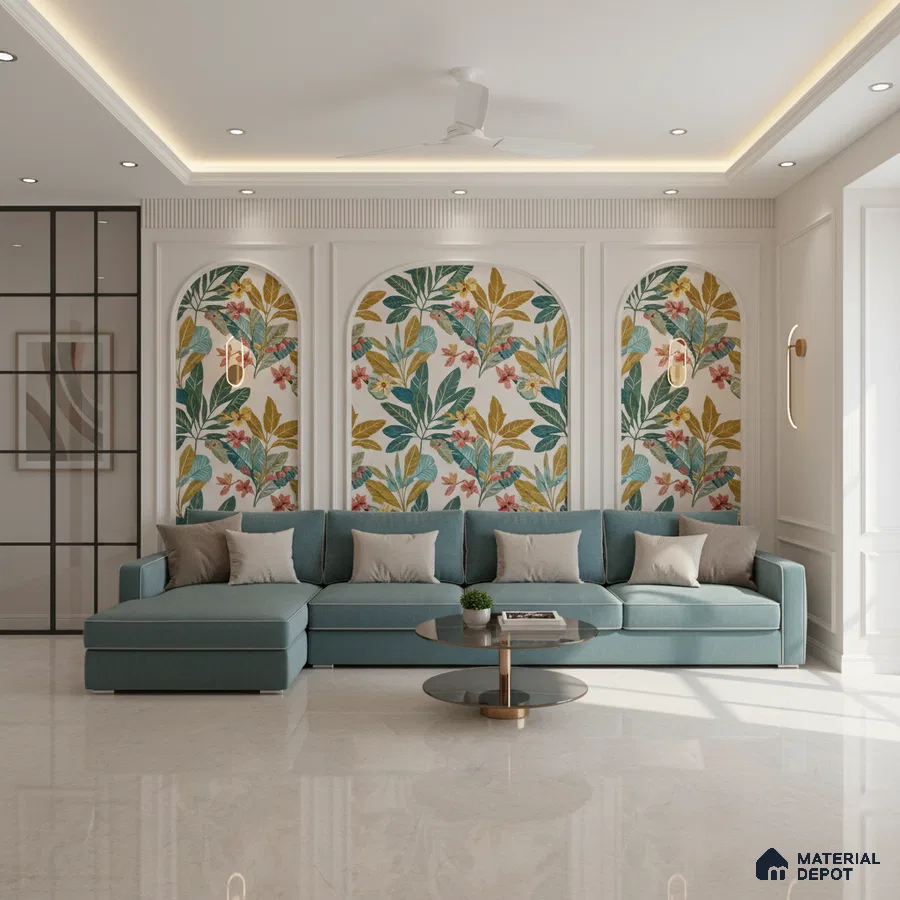 Modern living room with floral wallpaper accent, teal sofa, and glossy marble floor tile in Bengaluru
