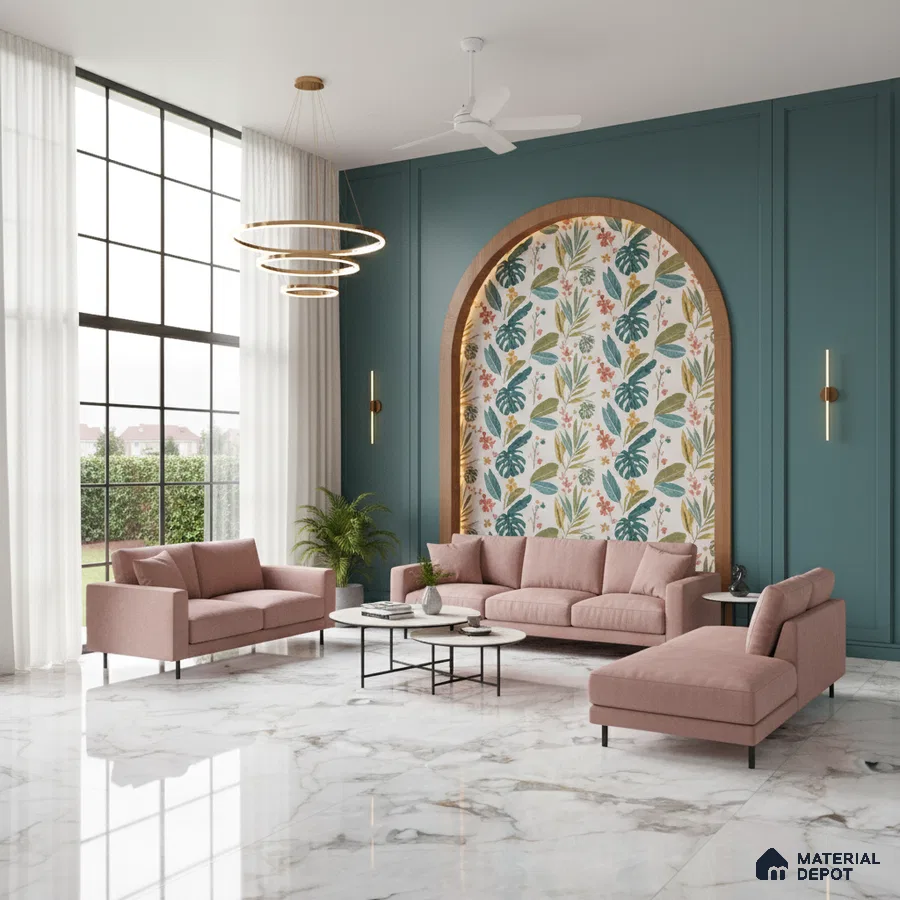 Modern living room with floral wallpaper accent, teal wall panel, and white marble floor tile in Bengaluru