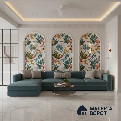 Modern living room with floral wallpaper arches and white marble floor tile in Bengaluru