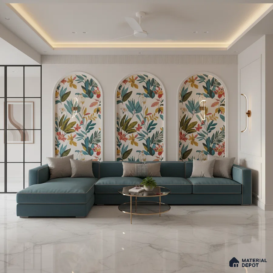 Modern living room with floral wallpaper arches and white marble floor tile in Bengaluru