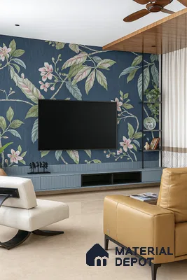 Modern living room with floral wallpaper, blue TV unit, and beige floor tiles in Prestige Kew Gardens Bellandur 3 BHK Bengaluru Apartment