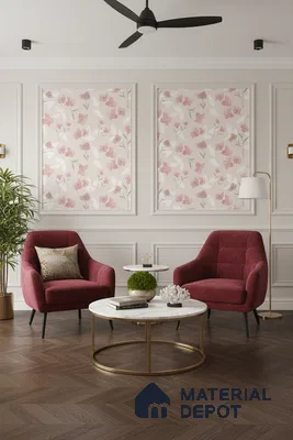 Modern living room with floral wallpaper, burgundy accent chairs, and herringbone wooden flooring in Bengaluru
