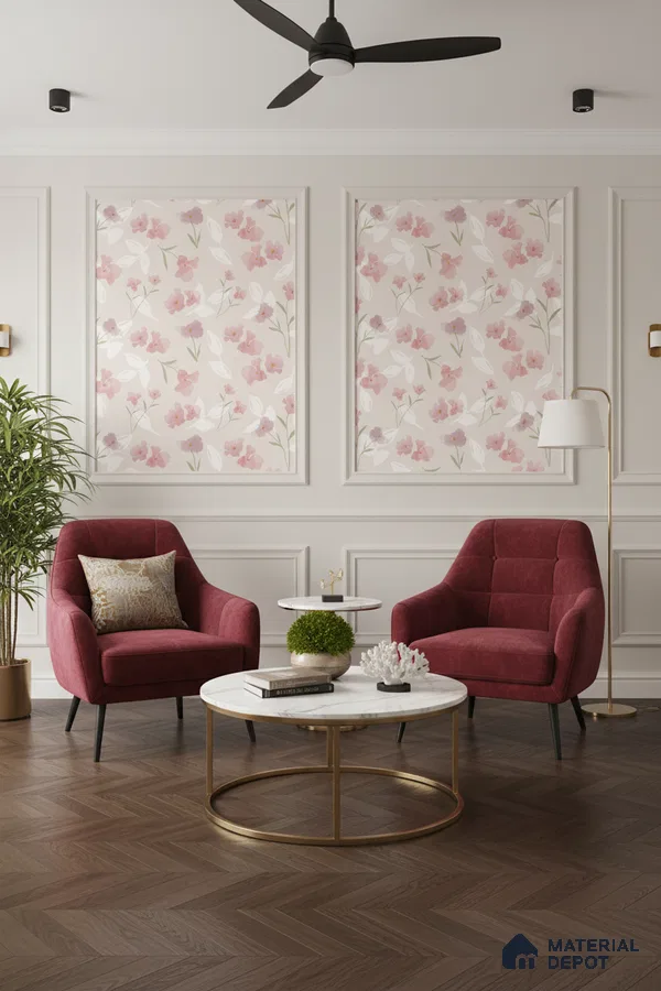 Modern living room with floral wallpaper, burgundy accent chairs, and herringbone wooden flooring in Bengaluru