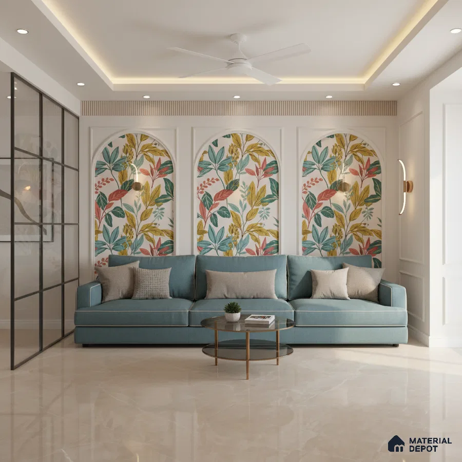 Modern living room with floral wallpaper panels and beige marble floor tile in Bengaluru