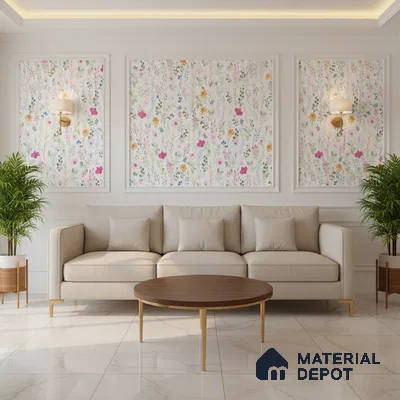 Modern living room with floral wallpaper panels and marble floor tiles in Bengaluru