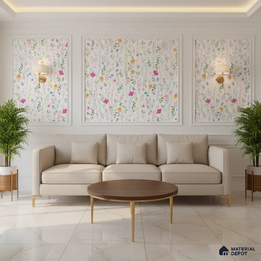 Modern living room with floral wallpaper panels and marble floor tiles in Bengaluru