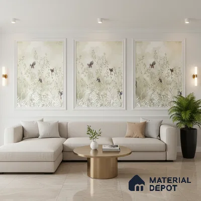 Modern living room with floral wallpaper panels, beige marble floor tiles, and neutral fabric sofa in Bengaluru