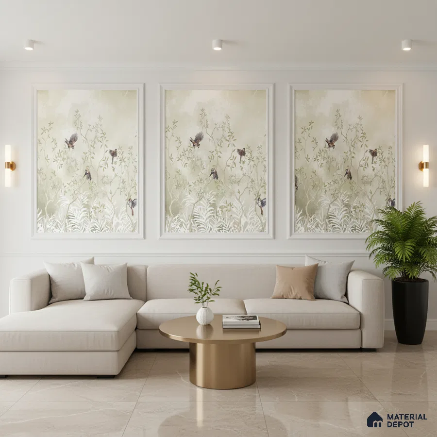 Modern living room with floral wallpaper panels, beige marble floor tiles, and neutral fabric sofa in Bengaluru