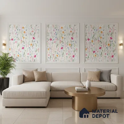 Modern living room with floral wallpaper panels, beige sofa, and glossy marble floor tiles in Bengaluru