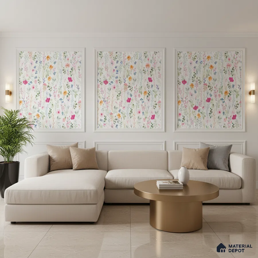 Modern living room with floral wallpaper panels, beige sofa, and glossy marble floor tiles in Bengaluru