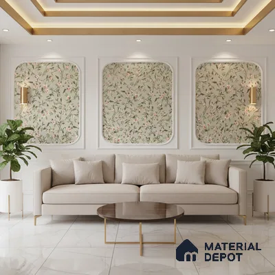 Modern living room with floral wallpaper panels, beige sofa, and white marble floor tiles in Bengaluru