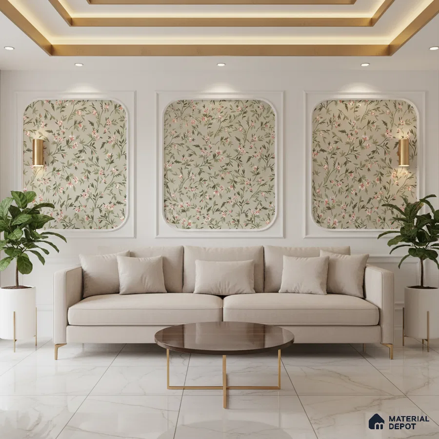 Modern living room with floral wallpaper panels, beige sofa, and white marble floor tiles in Bengaluru