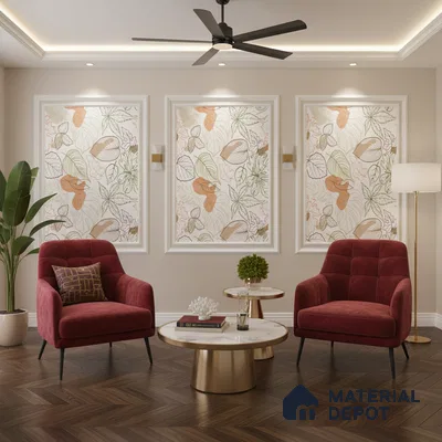 Modern living room with floral wallpaper panels, burgundy velvet chairs, and herringbone wooden flooring in Bengaluru