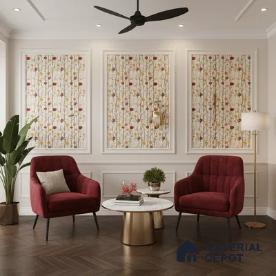 Modern living room with floral wallpaper panels, burgundy velvet chairs, and marble top coffee table in Bengaluru