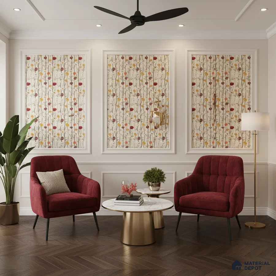 Modern living room with floral wallpaper panels, burgundy velvet chairs, and marble top coffee table in Bengaluru