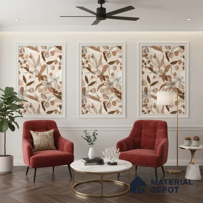 Modern living room with floral wallpaper panels, velvet red accent chairs, and marble coffee table in Bengaluru