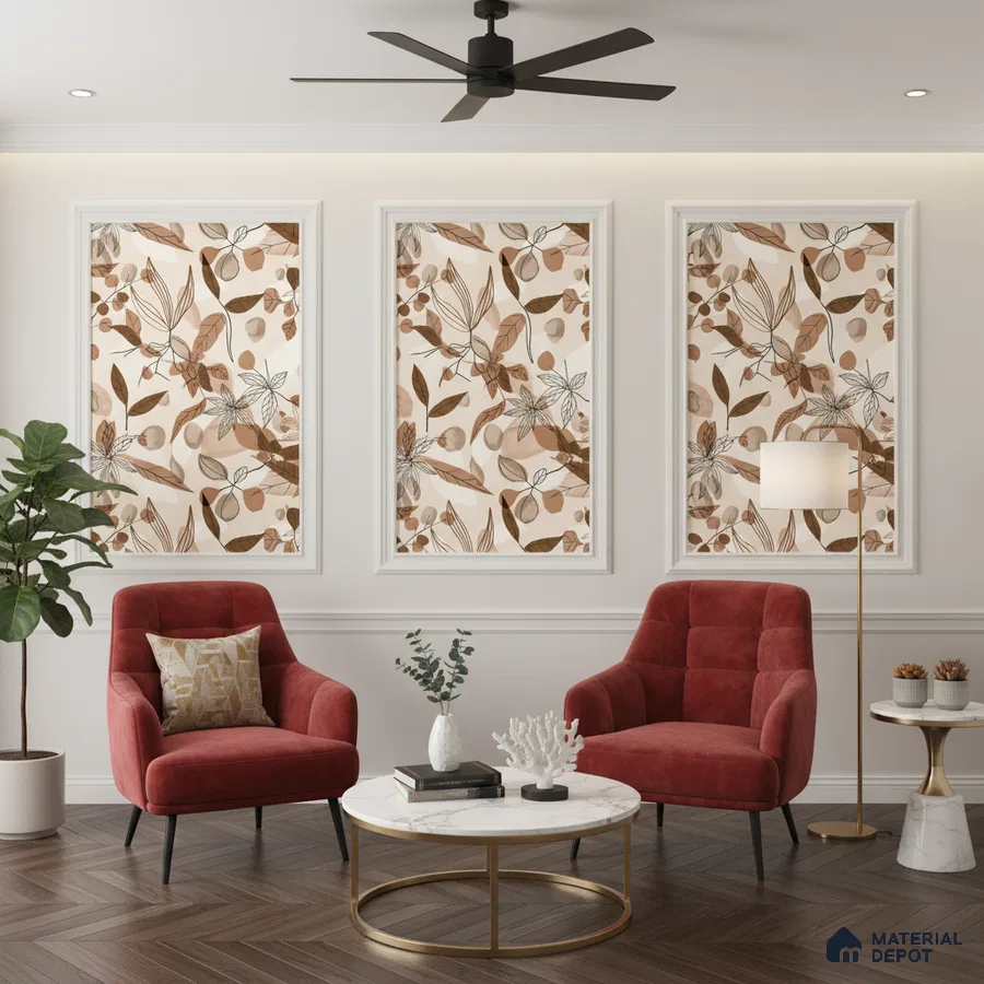 Modern living room with floral wallpaper panels, velvet red accent chairs, and marble coffee table in Bengaluru
