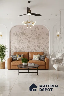 Modern living room with floral wallpaper, tan leather sofa, and white marble floor tiles in Bengaluru