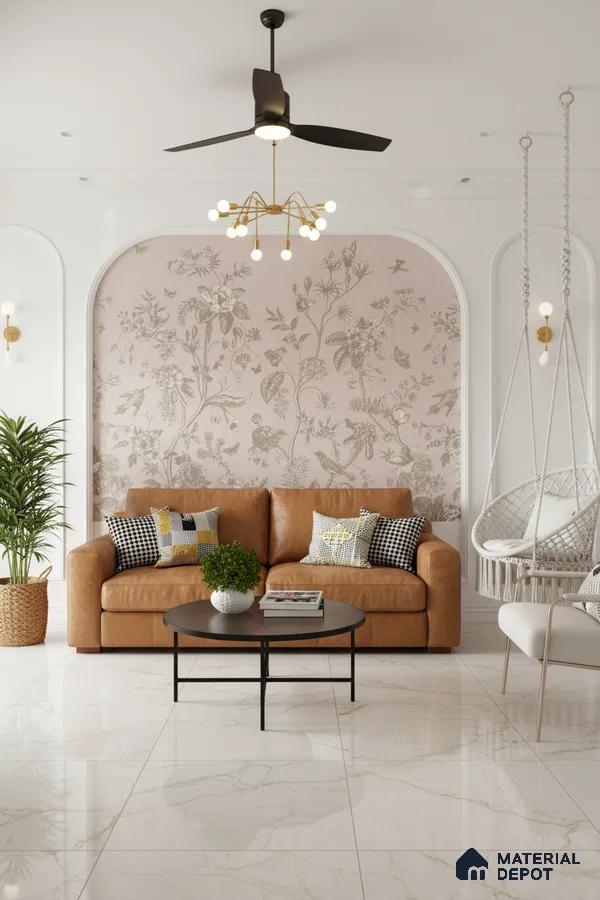 Modern living room with floral wallpaper, tan leather sofa, and white marble floor tiles in Bengaluru