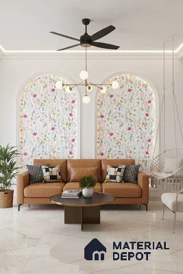 Modern living room with floral wallpaper, tan leather sofa, and white marble floor tiles in Bengaluru