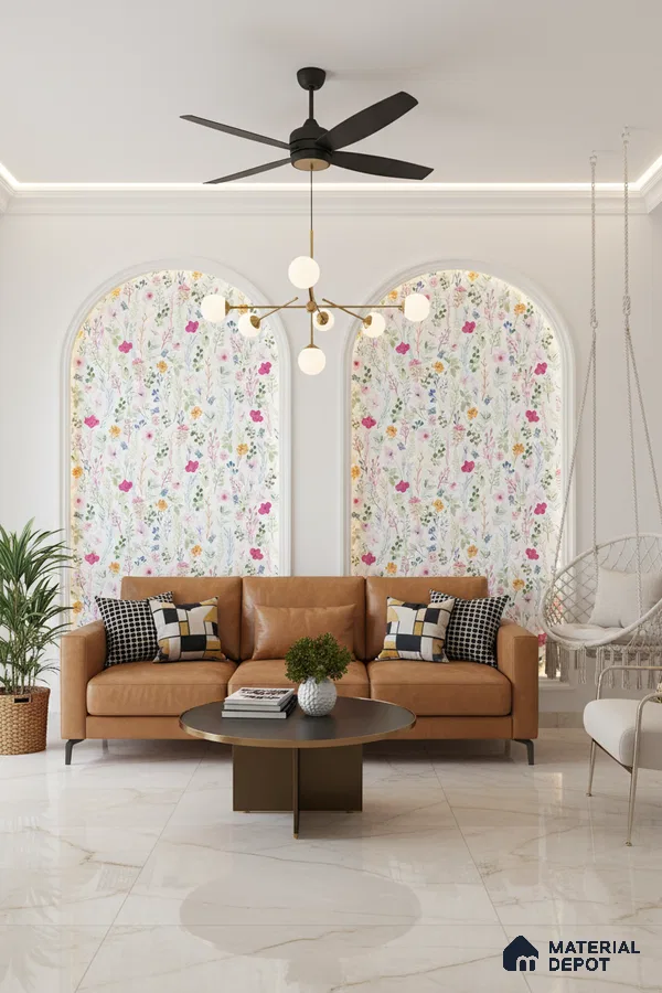 Modern living room with floral wallpaper, tan leather sofa, and white marble floor tiles in Bengaluru