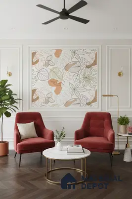 Modern living room with floral wallpaper, velvet red accent chairs, and herringbone wooden flooring in Bengaluru