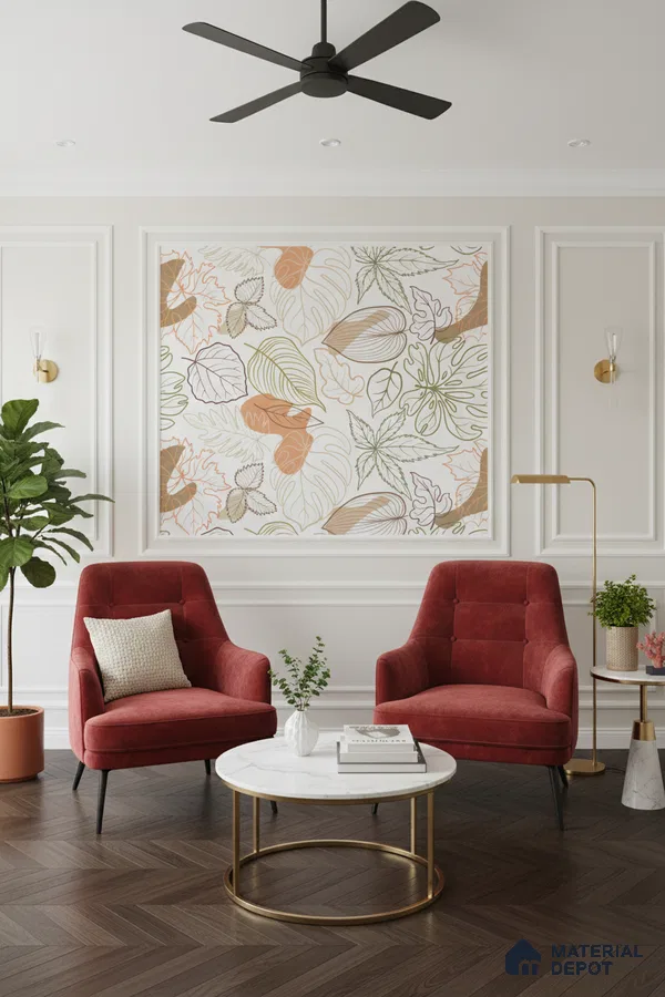 Modern living room with floral wallpaper, velvet red accent chairs, and herringbone wooden flooring in Bengaluru