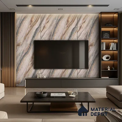 Elegant Living Room with Marble TV Wall and Built-in Fireplace | Material Depot