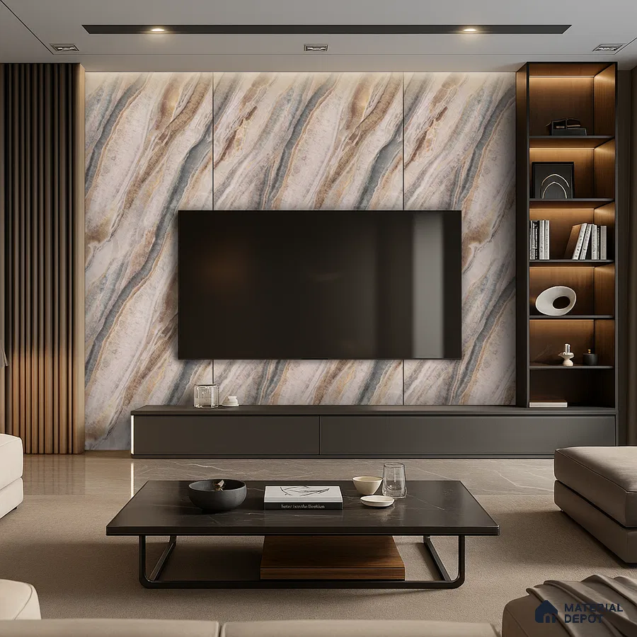 Elegant Living Room with Marble TV Wall and Built-in Fireplace | Material Depot
