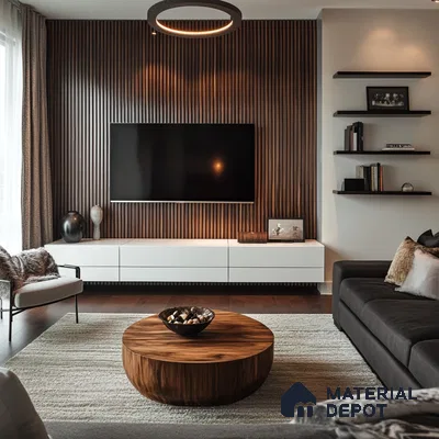Modern Living Room with Fluted Wall Paneling and Sleek TV Unit | Material Depot