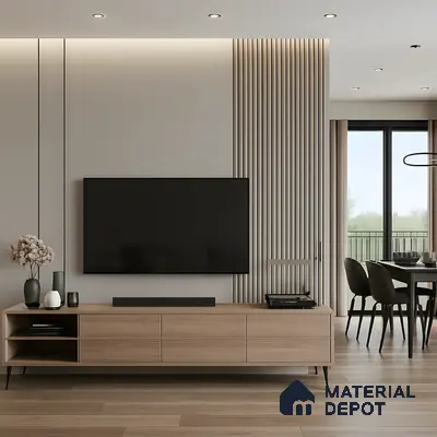 Modern Living Room with Fluted Wood and Matte Laminate TV Back Panel Overlooking Dining Area in 3 BHK Sattva Aspire, Hennur | Material Depot