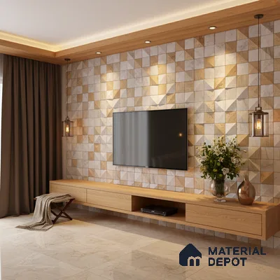 Modern living room with geometric 3D wall tiles and light oak laminate TV unit in Bengaluru