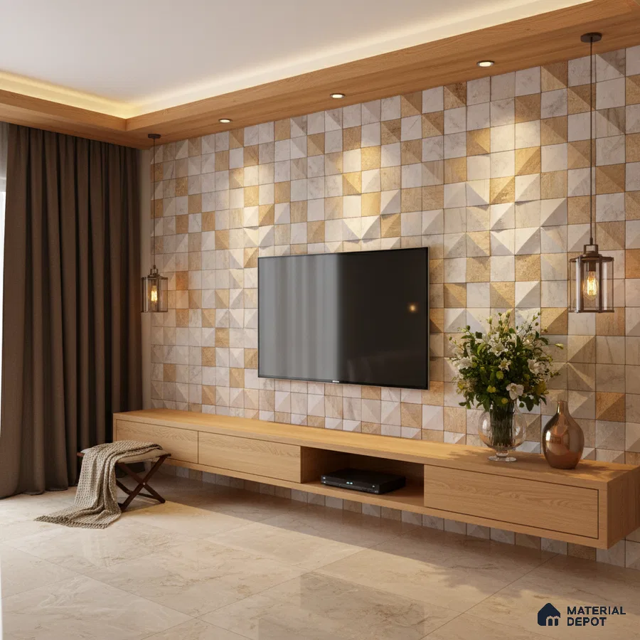 Modern living room with geometric 3D wall tiles and light oak laminate TV unit in Bengaluru