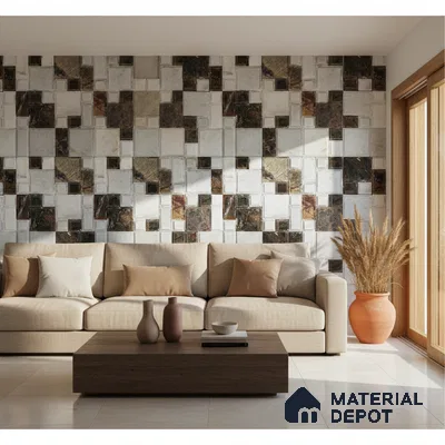 Modern living room with geometric stone cladding accent wall and beige ceramic floor tiles in Bengaluru